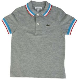 Boy's Lacoste Striped Details Cotton Pique Polo Shirt in Grey