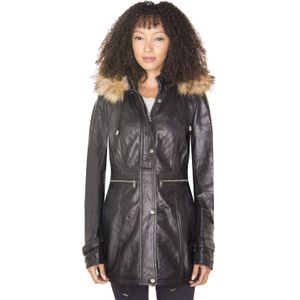 Dames - Leren Parka Jas - Putian - Met Capuchon - Bontvoering
