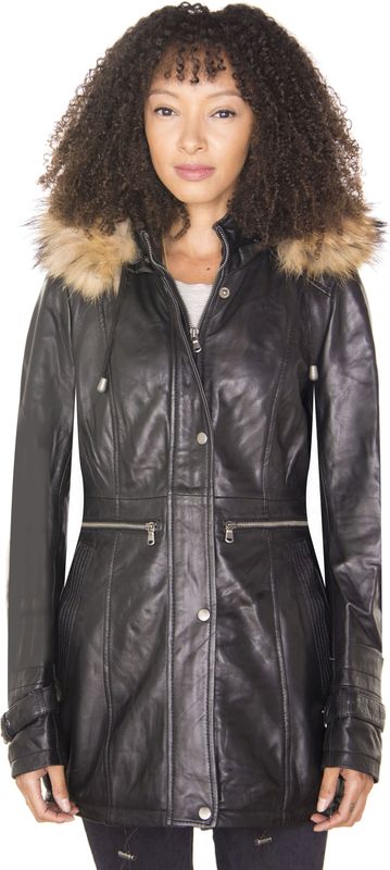 Dames - Leren Parka Jas - Putian - Met Capuchon - Bontvoering