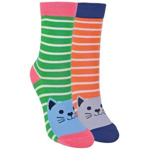 Set Van 2 Sokken Met Dierenprint Voor Meisjes | Miss Sparrow | Casual Grappig Patroon Crew Bamboe Sokken | Grappige Nieuwe Sokken Voor Kinderen - Kitty Cats - Maat 2-3J / 92-98cm