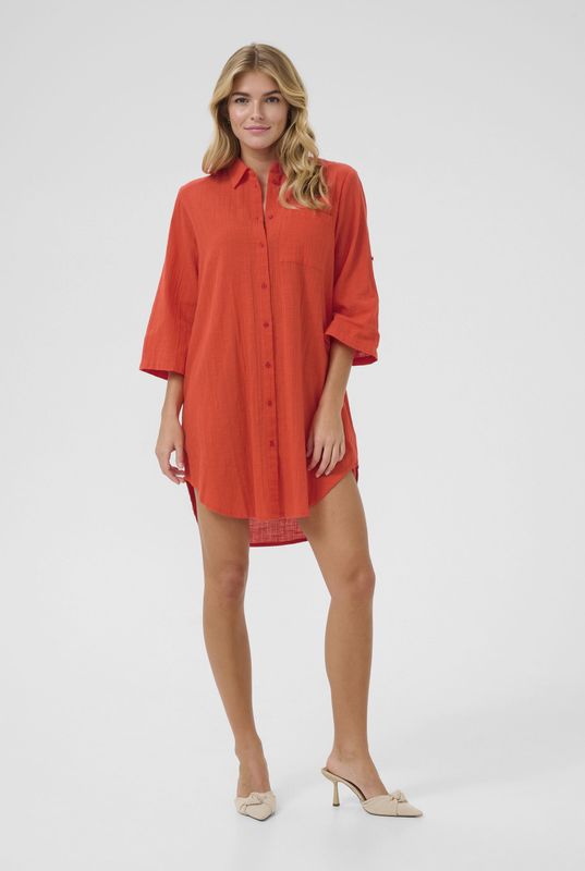 Kaffe - Blousejurk - Oranjerood - Klassieke Blouse - Knielengte