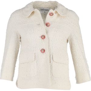 Chanel Ronde Kraag Enkele Knopen Blazer in Witte Tweed Katoen