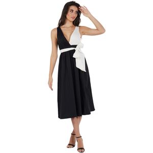 Zwart met contrasterende witte poplin midi-jurk met gestrikte taille