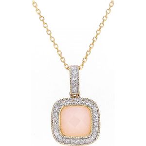 9ct geelgouden diamanten en roze opaal vierkante hangerketting