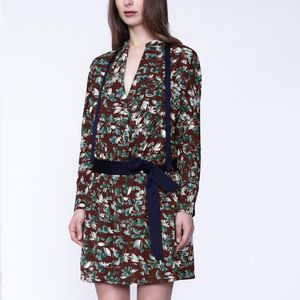 Satijnen Kraag Korte Jurk - Bladeren Print - Informele Look - V-Halslijn