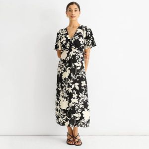 Mono V-hals viscose midi-jurk met ruches
