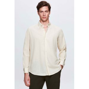 Ds Damat Witte Knoopkraag Comfort Fit Linnen-Look 100% Katoenen Overhemd