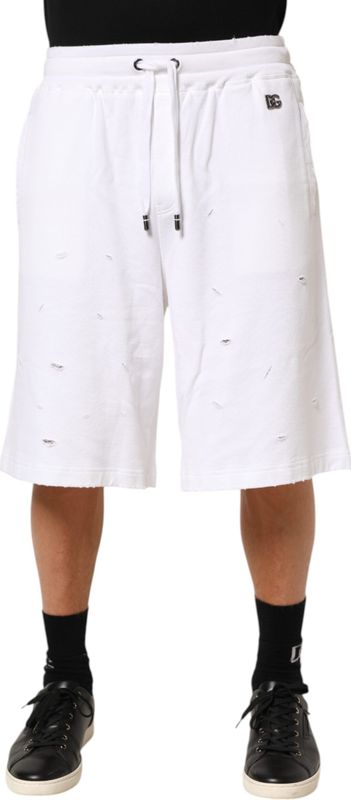 Cotton - Ripped Bermuda Sweatpants Shorts - Wit
