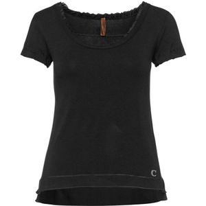 Poplin Detail Korte Mouw Zwarte Top - Maat 38