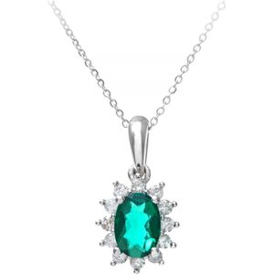 Ronde briljante 0,25 ct smaragd en diamant 9 ct witgouden ovale clusterhanger met ketting van 46 cm