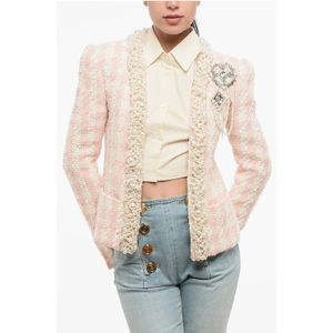 Open Tweed Blazer versierd met decoratieve kralen in roze