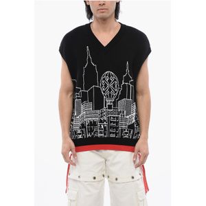 Geborduurde SKYLINE mouwloze trui in zwart