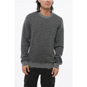 Trui met ronde hals van wol en linnen met all-over monogram in grijs