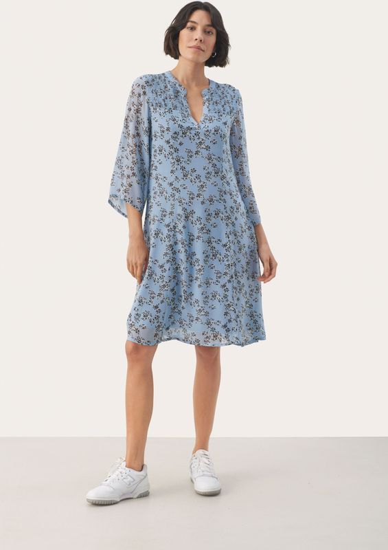 Part Two - Faded Denim Jurk - Dames - Blauw - 100% Viscose, 3/4 Mouwen, Ronde Hals met V-Uitsnijding