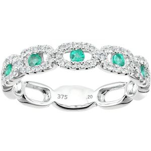 Ring van 9 karaat witgoud met diamanten en smaragdgroene ovale schakels