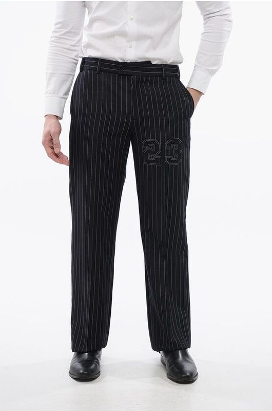 Gestreepte Wolmix 23 Slim Fit Broek - Blauw - Krijtstreep