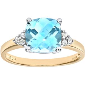 9kt geelgouden ring met kussengeslepen blauwe topaas en diamant