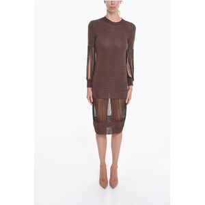 Metallic viscose gebreide midi-jurk met kettingdetails in bruin