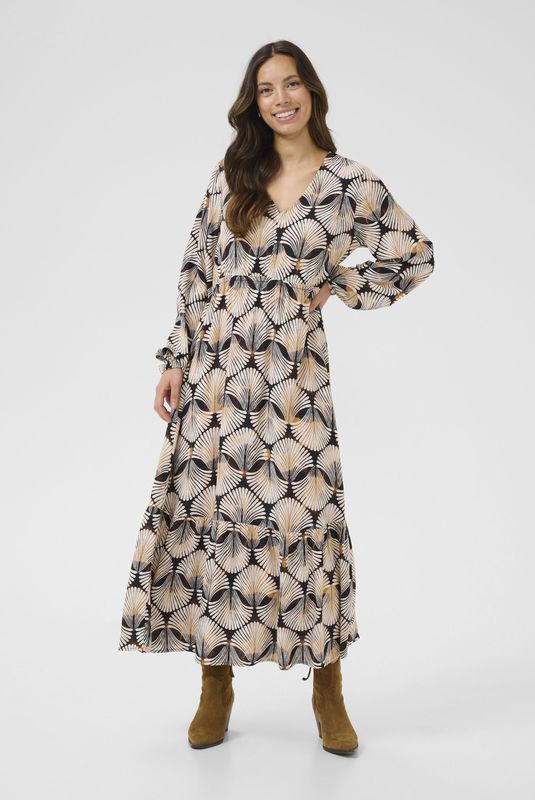 Cream - Jurk 'Tiah' - Crème - 7/8 Lengte - V-hals - Lange Mouw