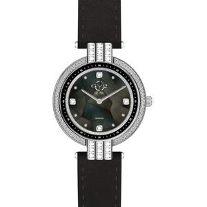 GV2 Matera dames Zwitsers quartz zwart parelmoer wijzerplaat zwart suède band diamanten horloge