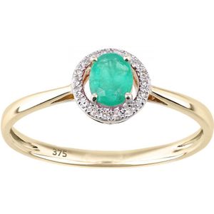 Ronde ring van 9 karaat geelgoud met diamant en smaragd met diamanten halo