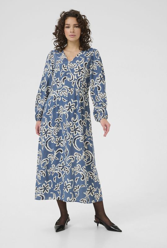 Kaffe - Jurk - Blauw - Midi - Lange Mouwen - V-hals