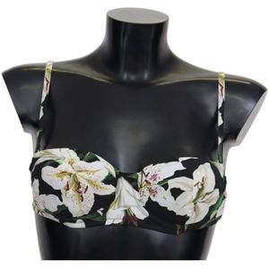 Dolce & Gabbana Dames Zwart Lelies Print Nylon Zwemkleding Bikini Tops - Maat XS