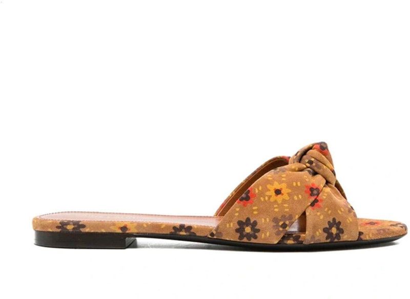 Saint Laurent - Slippers - Bruin - Suède - Met Knoop en Bloemenprint