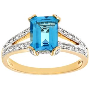 9kt geelgouden enkele steen blauwtopaas met diamanten collette en schouders damesring