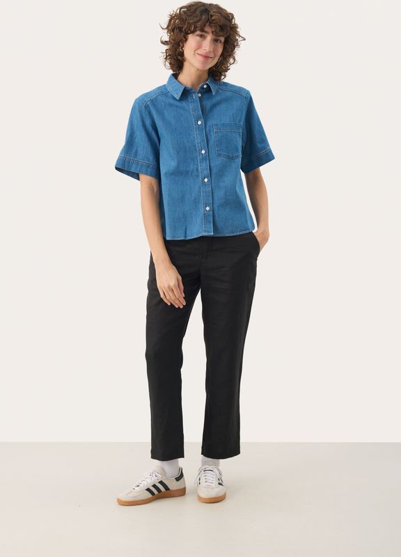 Part Two - Denim Blouse - Blauw - Katoen - Korte Mouwen - Knoopsluiting