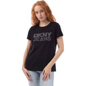 Dames DKNY RHINESTUD Logo T-shirt in Zwart Zilver