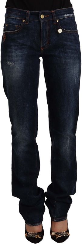 GF Ferre Dames Donkerblauwe Washed Middelhoge Katoenen Denim Rechte Jeans