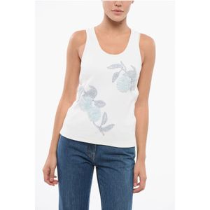 Geribbelde katoenen tanktop met kralenborduursel in wit