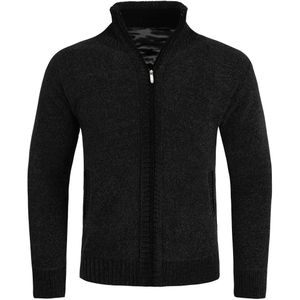 Herenvest met rits en opstaande kraag, gevoerde grofgebreide trui zwart