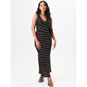 Zwarte V-hals Bias Folie Satijn Slip Midi Dress