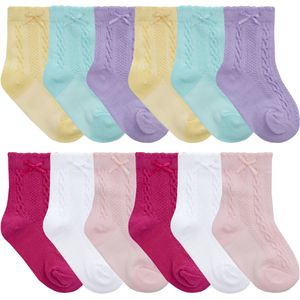 Sock Snob - 12 Paar Tick Tock Baby Kabelsokjes met Strik voor Jongens & Meisjes - Diverse