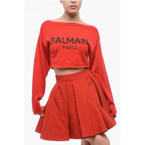 Cropped trui van maagdelijke wol met boothals in rood