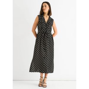 Zwart viscose overhemd met vlekkenprint en riem Midi Dress