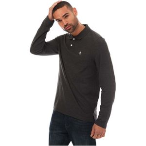 Men's Original Penguin Logo Long Sleeve Polo Shirt in Charcoal