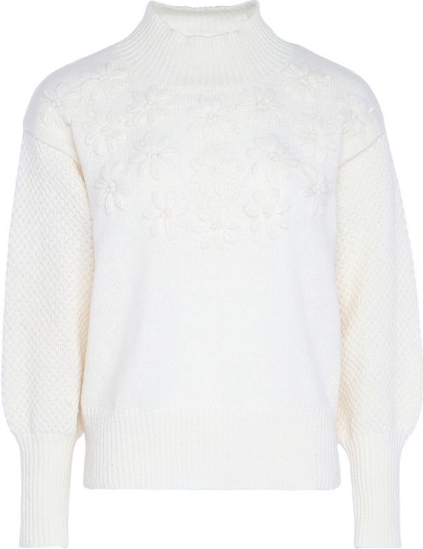 myMo - Trui - Wolwit - Geborduurde Bloemen - Lantaarnmouwen