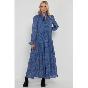 Blauwe Gebloemde Maxi-jurk Met Gestrikte Hals - Maat M/L