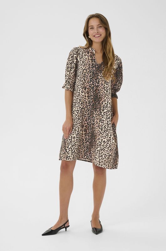 CULTURE - Jurk - Eierschaal - Dierenprint - V-hals - Knielengte - Halve Mouw