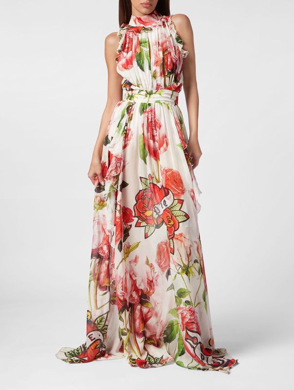 Philipp Plein - Jurk - Veelkleurig - Halterjurk - Zijde - Love Tattoo en Bloemenprint