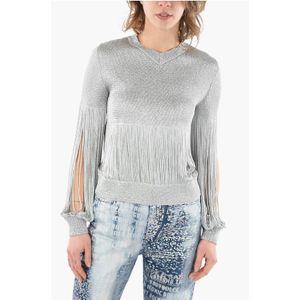 Lurex V-hals trui met elastische manchetten in zilver