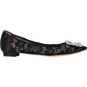 Manolo Blahnik Hangisi Met Kristallen Versierde Kant Ballerina's in Zwart Katoen