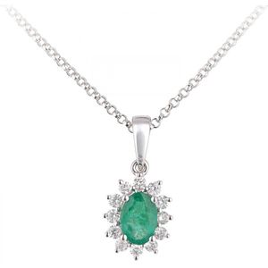 18kt witgouden halsketting met ovale cluster van smaragd en diamant