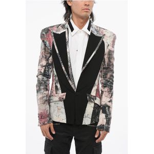 Gestreept linnen blazer met centrale opening, revers en 1 knoop in veelkleurig