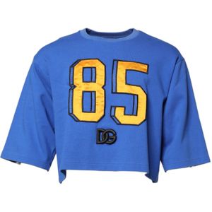 Dolce & Gabbana - T-shirt - Blauw - Cropped Top 85 Number Embroidery