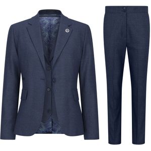 Marineblauw driedelig getailleerde damespak met Prince of Wales-ruit