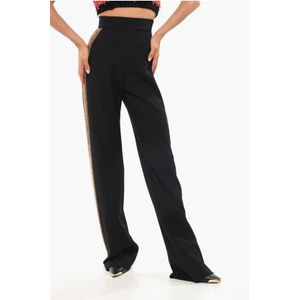 Wollen broek met hoge taille en met juwelen versierde zijbanden in zwart